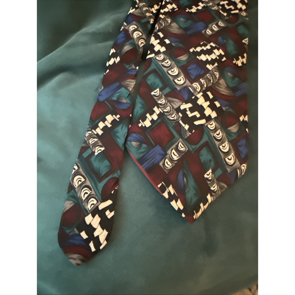 Cellini Neck Tie Vintage Silk Abstract Checker- Teal Burgundy Blue- 80s/90s